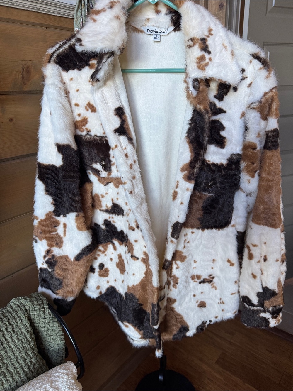 DAVI & DANI Cream, Brown & Black Faux Fur Cow Print Teddy Shacket